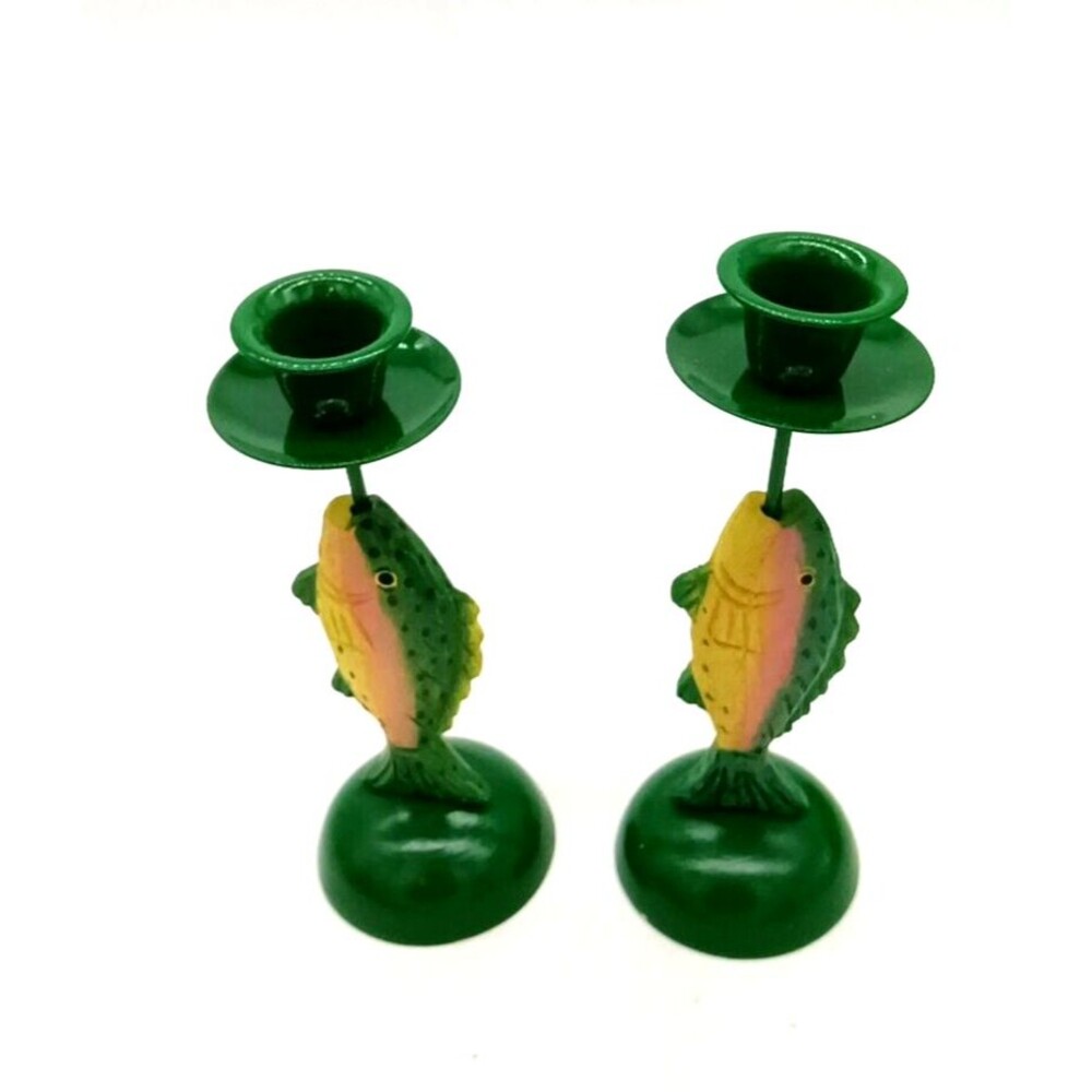 Vintage Rivers Edge Wooden Hand Painted Fish Design Candlesticks NOB